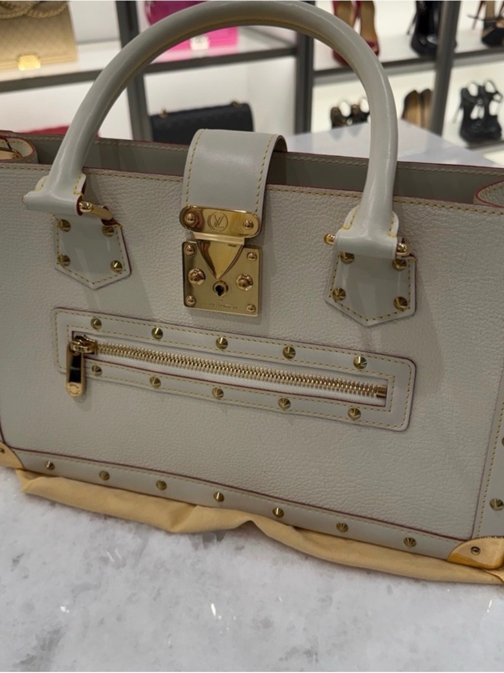 Louis Vuitton Cream/Gold Leather Satchel with Stud and Lock Detail